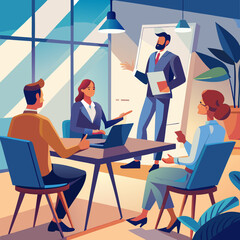 An illustration of a company training session with a mentor and employees in a modern office setting, engaging in discussion and teamwork