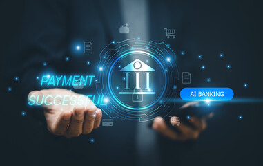 Obraz premium Businessman using AI Banking technology assistant support mobile payment, AI technology on Mobile internet banking.