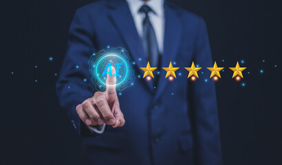 A businessman uses AI technology to analyze and assess customer satisfaction for the improvement...