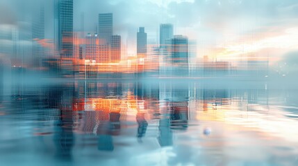 Fototapeta premium A city skyline is reflected in the water, with the sun setting in the background. The image has a serene and peaceful mood, with the water and sky blending together to create a beautiful