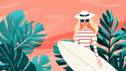 A beach fashion girl in a boho-chic outfit, with a surfboard in hand, ready to hit the waves