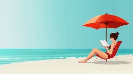 A beach fashion girl in a one-piece swimsuit, reading a book under an umbrella