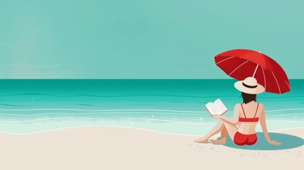 A beach fashion girl in a one-piece swimsuit, reading a book under an umbrella