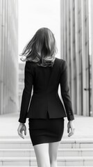 Obraz premium A chic fashion girl in a tailored suit, confidently walking into a corporate office building