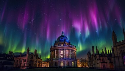 The Northern Lights Over Oxford's Radcliffe Camera at Night