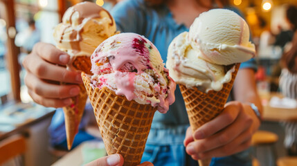 Capture the happiness and delight of people enjoying ice cream, from kids with ice cream cones to friends sharing sundaes at a cafe. 