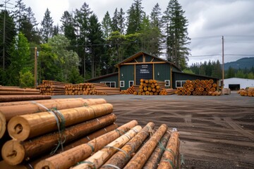 Lumberyard operations focused on resource management Pictures show different aspects. of the sawmill Including lumber piles, forklifts and a working sawmill.