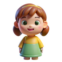 A cute 3D rendering of a little girl with big eyes, pigtails, and a blue dress, smiling warmly, in a simplistic and charming style