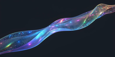 A dynamic image of a long, wavy, transparent sheet with saturated holographic colors, sparkling with stars and lights against a dark background