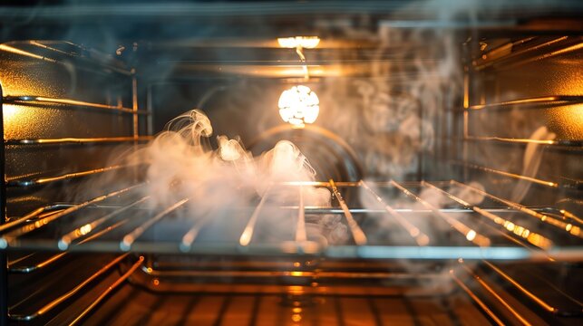 Oven Billowing with Smoke and Timer Going Off, Capturing a Critical Moment of Kitchen Alarm and Potential Cooking Disaster with Intense Smoke and Warning Signal