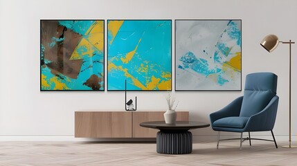 3d modern living room with sofa and posters