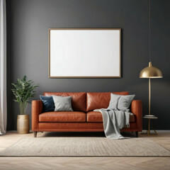 Modern living room interior with orange leather sofa, gold lamp, and blank white picture frame on dark gray wall for marketing and advertising campaigns