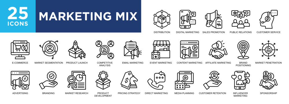 Marketing Mix, product, promotion, strategy, business, price icon set. icons collection. Simple vector illustration