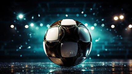 Soccer ball on dark background with lights reflecting on wet floor. Suitable for sports themed designs, soccer promotions, and advertising.