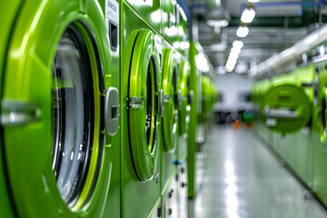 Green washing and laundry concept with rows of green laundry machines in an environmentally friendly laundromat