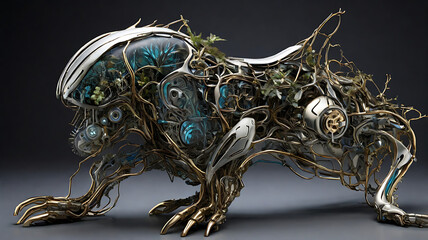 An artwork combining organic textures with mechanical elements, such as plants with metallic veins or animals with cybernetic enhancements, creating a visually striking hybrid.
