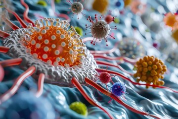 Microscopic view of various virus cells with vivid colors, showcasing a detailed and dynamic representation of viral structures.
