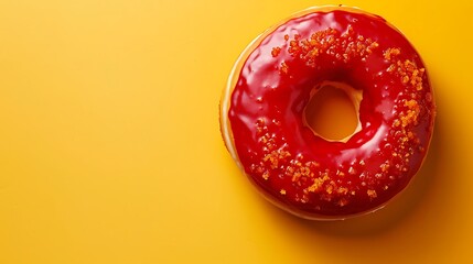 Design mockup donut closeup with red glossy glaze sweet food concept promo flyer with donuts on orange background with yellow background