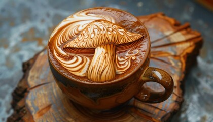 Close Up of a Mushroom Latte Art Design on a Brown Mug