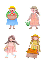 little girl, Watercolor farmer girl, draw farmer, cute farmer, element farmer 