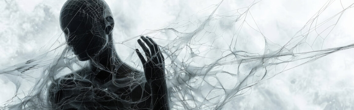 intricate web surrounding a central figure, representing the entanglement and ensnarement of paranoid thoughts, highlighting the complexity and inescapability of paranoia