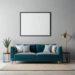 Modern interior background with empty frame mockup, minimalist room decor, contemporary wall display, stylish living space for branding and art presentation, clean and elegant home design concept