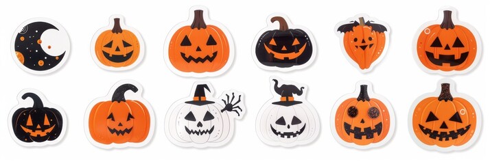 Vibrant Collection of Rhinestone Halloween Stickers Featuring Glittery Pumpkins, Bats, and Spiders on a Stark White Background