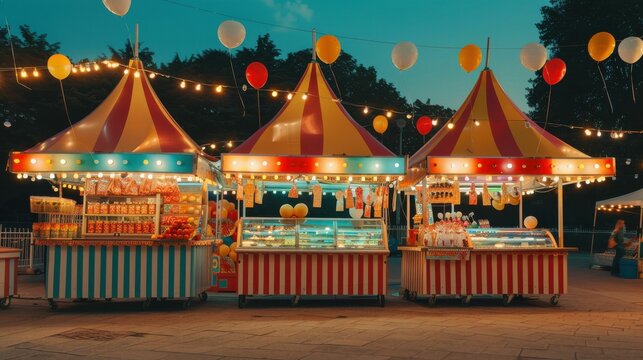 Row of vibrant carnival food stalls decorated with bright lights and colorful balloons at dusk, creating a festive atmosphere.