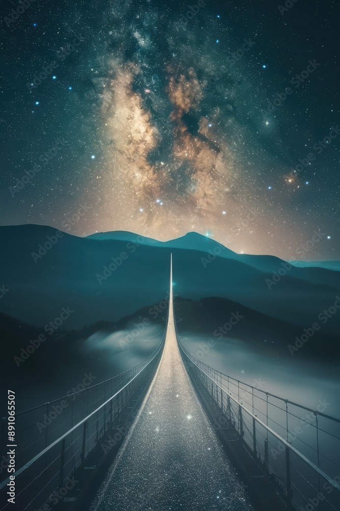 Canvas Prints a bridge over a body of water with a starry sky in the background. the bridge is illuminated by the 
