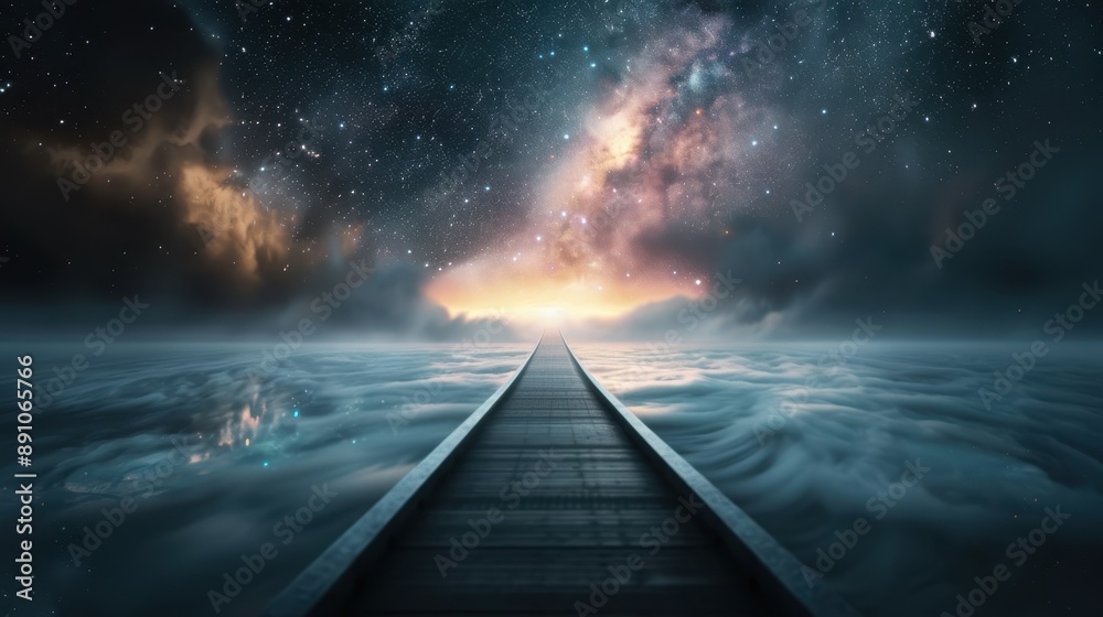 Canvas Prints a bridge over a body of water with a starry sky in the background. the bridge is illuminated by the 