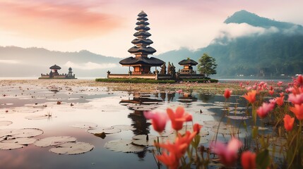 Ancient pura ulun danu bratan, besakih or famous hindu temple and tourist in bali island at sunrise