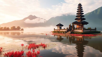 Ancient pura ulun danu bratan, besakih or famous hindu temple and tourist in bali island at sunrise