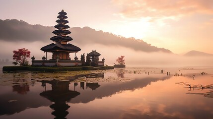 Ancient pura ulun danu bratan, besakih or famous hindu temple and tourist in bali island at sunrise