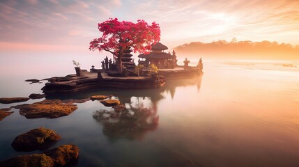 Ancient pura ulun danu bratan, besakih or famous hindu temple and tourist in bali island at sunrise