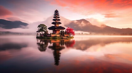 Ancient pura ulun danu bratan, besakih or famous hindu temple and tourist in bali island at sunrise