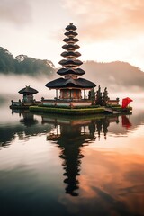 Ancient pura ulun danu bratan, besakih or famous hindu temple and tourist in bali island at sunrise