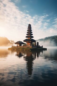 Ancient pura ulun danu bratan, besakih or famous hindu temple and tourist in bali island at sunrise