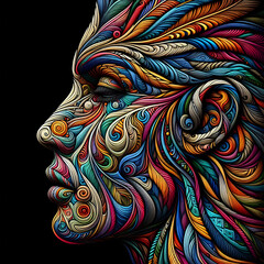Digital art featuring a woman's face covered in colorful feathers against a black background.