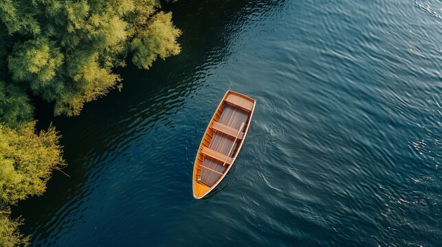 empty wooden boat on blue lake or river , top view