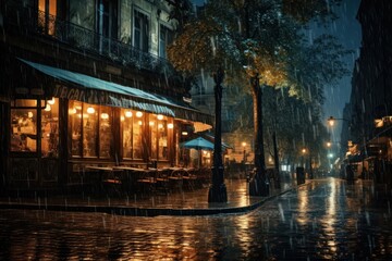Fototapeta premium A rain storm night illuminated street light.
