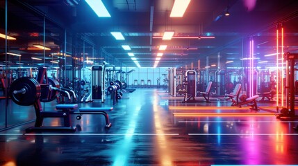 A photorealistic shot of a vacant bodybuilding gym featuring a row of unused exercise machines and free weights. The gym is bathed in a dim, gloomy light with neon blue and purple accents