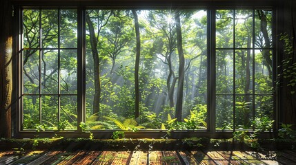 Window view of a serene forest.