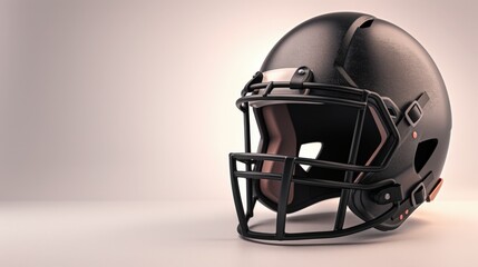 Naklejka premium Close-up of a black football helmet on a neutral background, showcasing the sports gear and safety equipment used in American football.