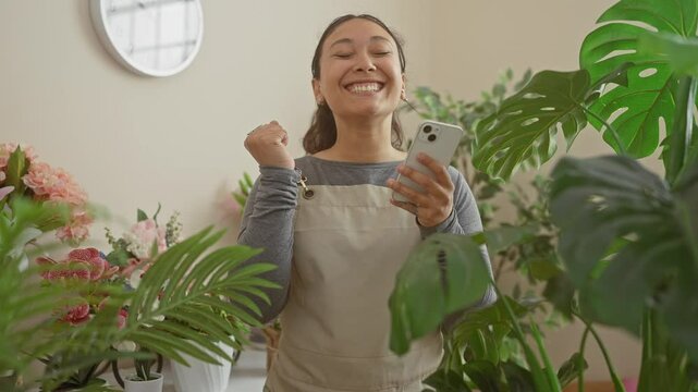 Excited young hispanic florist woman scores a win at her flower shop, cheerfully celebrating her achievement with joyful smile and victorious expression, captured on her smartphone.