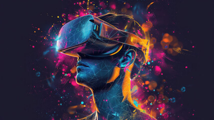 A virtual reality headset is shown in a blue background