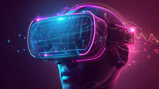 A virtual reality headset is shown in a blue background