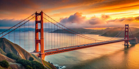 Fototapeta premium Iconic suspension bridge spanning the Bay, majestic orange towers rising against a clear blue sky, with misty hills and calm waters in the background.