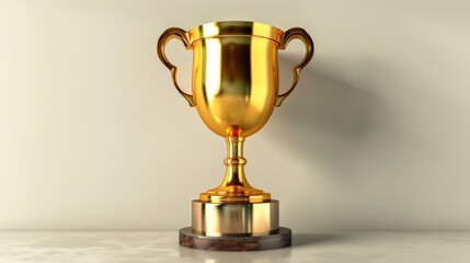 Fototapeta premium Shiny gold trophy cup with ornate handles on a wooden base, awarded for excellence and achievement, placed against a neutral background.