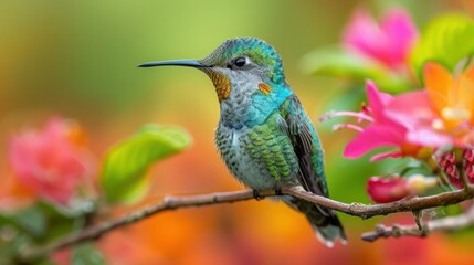 Naklejka premium Perched Long-Tailed Sylph Hummingbird with Forked Tail on Branch