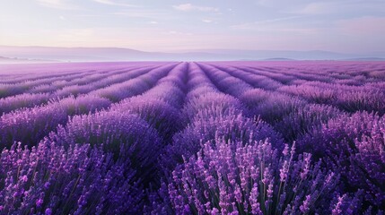 Fototapeta premium Lavender Field at Dusk: A vast field of lavender stretching towards the horizon, its purple hues deepening in the twilight. The air is filled with the calming scent of lavender, and gentle evening bre